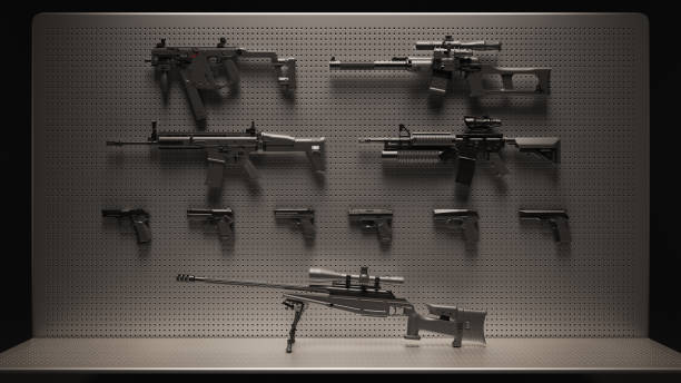 Black and Grey Firearms Display Black and Grey Firearms Display 3d Illustration soldier on the wall stock pictures, royalty-free photos & images