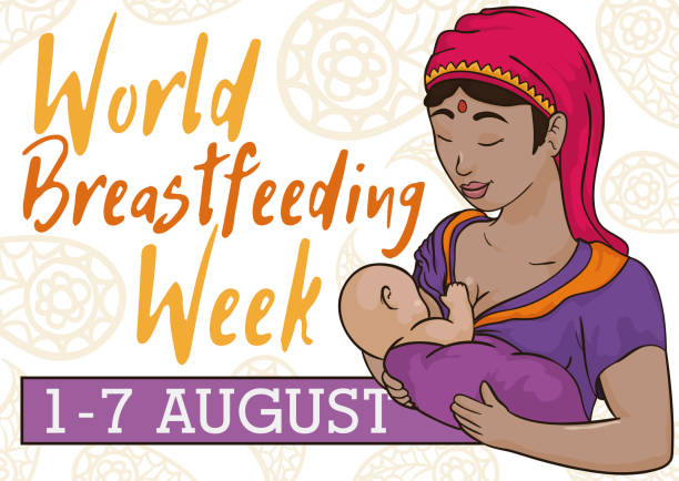 индийская женщина с младенцем празднование всемирной недели грудного вскармливания - human pregnancy earth globe mother stock illustrations