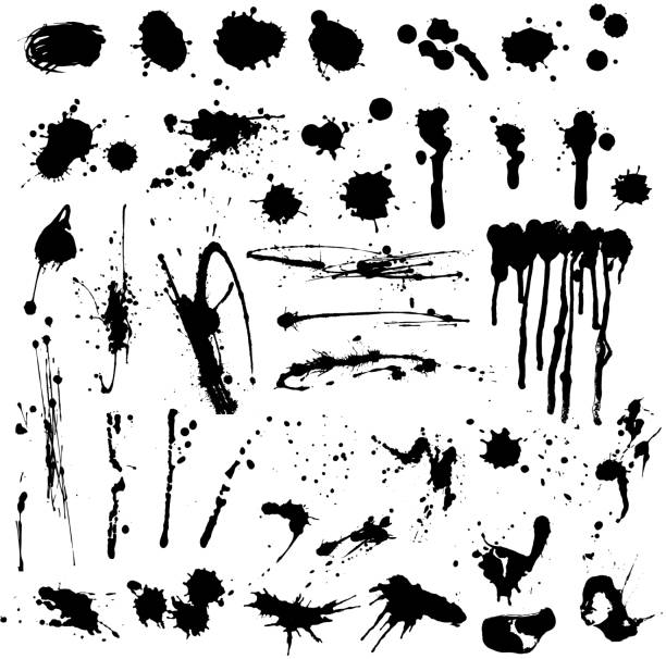 ilustrações de stock, clip art, desenhos animados e ícones de set of ink spots and stains. for brush strokes. effect paint. drops, drip, spilled liquid. - spray blood splattered paint