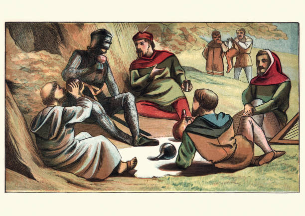 Robin Hood and the Black Knight Vintage engraving of Robin Hood and the Black Knight sherwood forest illustrations stock illustrations