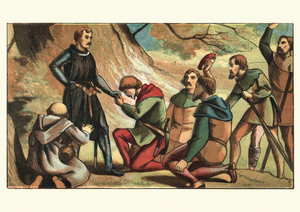 Robin Hood and King Richard the Lionheart Vintage engraving of Robin Hood and King Richard the Lionheart sherwood forest illustrations stock illustrations