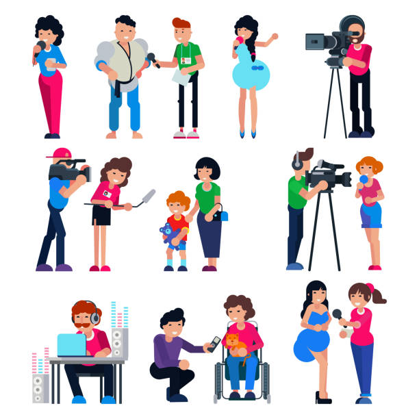 Journalist vector cameraman character and tv reporter broadcasting news or press interview with man or woman illustration set of journalistic people working on television isolated on white background Journalist vector cameraman character and tv reporter broadcasting news or press interview with man or woman illustration set of journalistic people working on television isolated on white background. interview camera stock illustrations