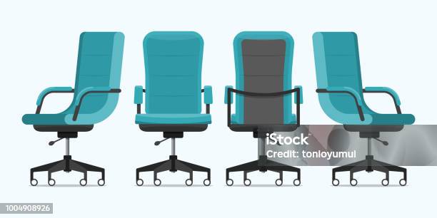 Office Chair Or Desk Chair In Various Points Of View Armchair Or Stool In Front Back Side Angles Blue Furniture For Interior In Flat Design Stock Illustration - Download Image Now