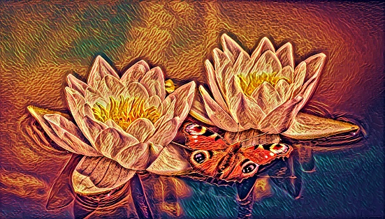 Computer image of sunny floating white water lily flowers with red butterfly reflecting in dark dirty swamp in summer