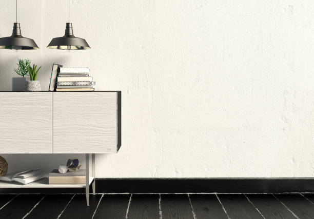 istock Modern interior design in Scandinavian style. Mock up wall. 3D illustration. 1004923008