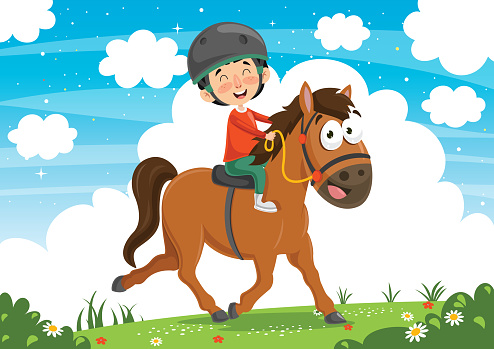 Vector Illustration Of Child Riding Horse