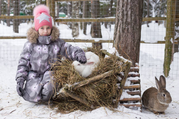 istock A cute little girl in a pink cap playing with a white rabbit 1004946422