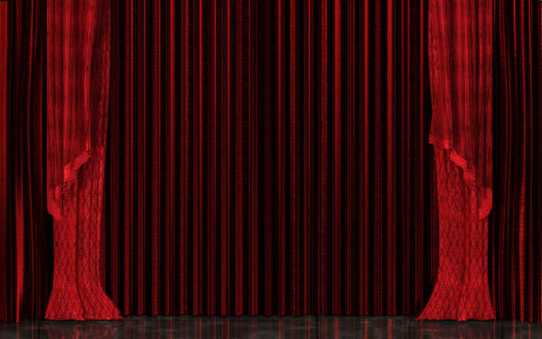chiuso rosso stage sipario realistico grand opening concept - theatrical performance stage theater broadway curtain foto e immagini stock