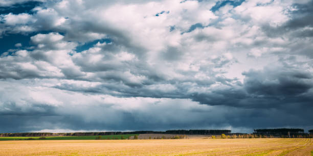 istock Countryside Rural Field Spring Meadow Landscape Under Scenic Dramatic Sky Before Rain. Rain Clouds On Horizon. Agricultural And Weather Concept 1004952258