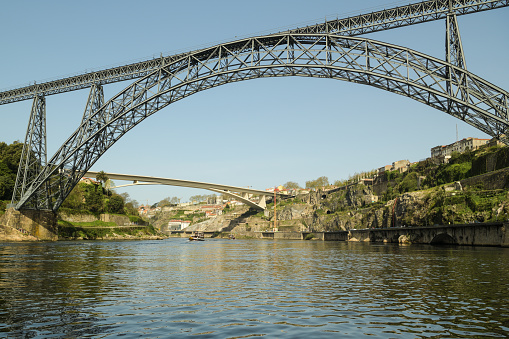 Infante and Maria Pia bridges on Douro river in Porto, Portugal