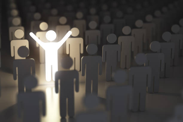 Stand out from the crowd, difference and leadership concept. Many people and a one glowing. 3d illustration