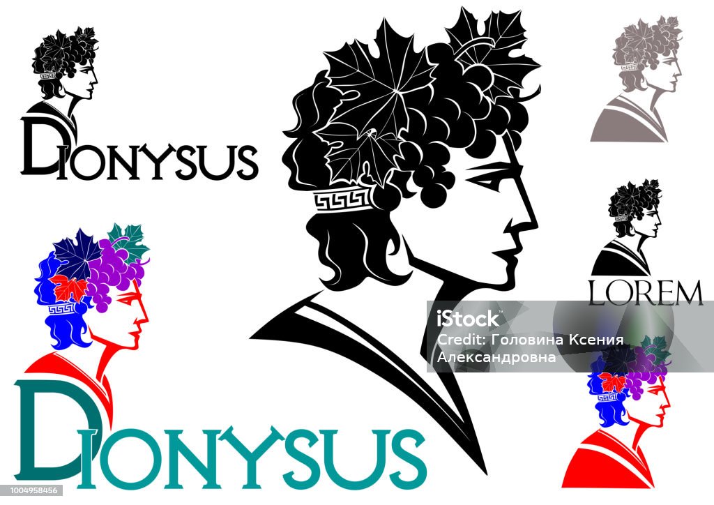 Dionysus - God of wine logo Dionysus - God of wine logo(with grapes and leaves in her hair) Dionysus stock vector