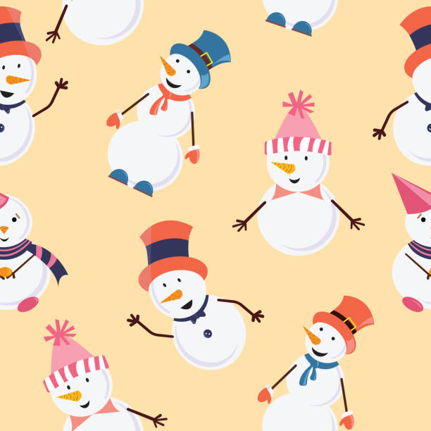 istock Tile funny smiling snowmans in colorful caps on the yellow background. Vector Illustration. 1004961250