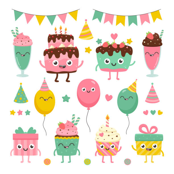Cute birthday set. Cartoon illustrations of smiling characters: cake, cupcake, present, baloon, milkshake. eye candy stock illustrations