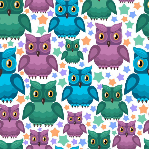 istock owls of different colors and stars. seamless texture 1004967838