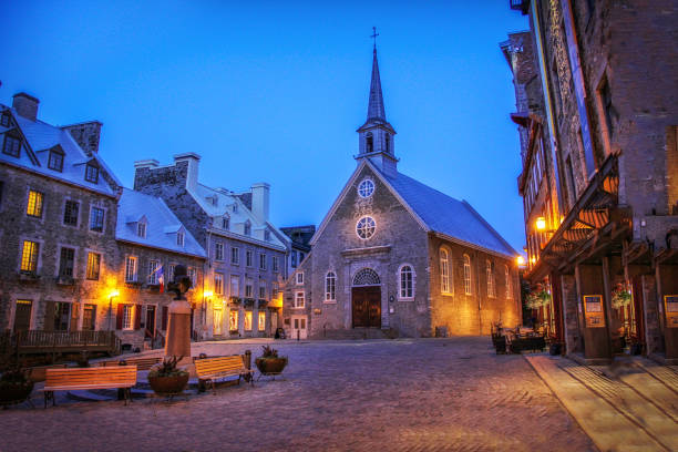 a picture of Place-Royale public square in Quebec City Canada at night