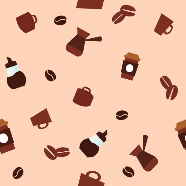 Vector illustration of Coffee cezves cups and beans on the brown background. Tile background. Vector Illustration.