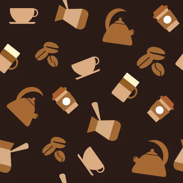 Vector illustration of Coffee beans and cups on the brown background. Tile background. Vector Illustration.