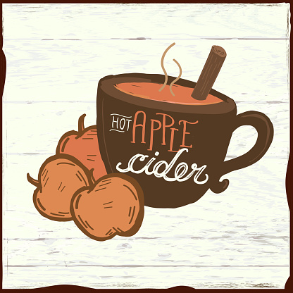 Vector illustration of a Hot Apple Cider drink on wooden texture.