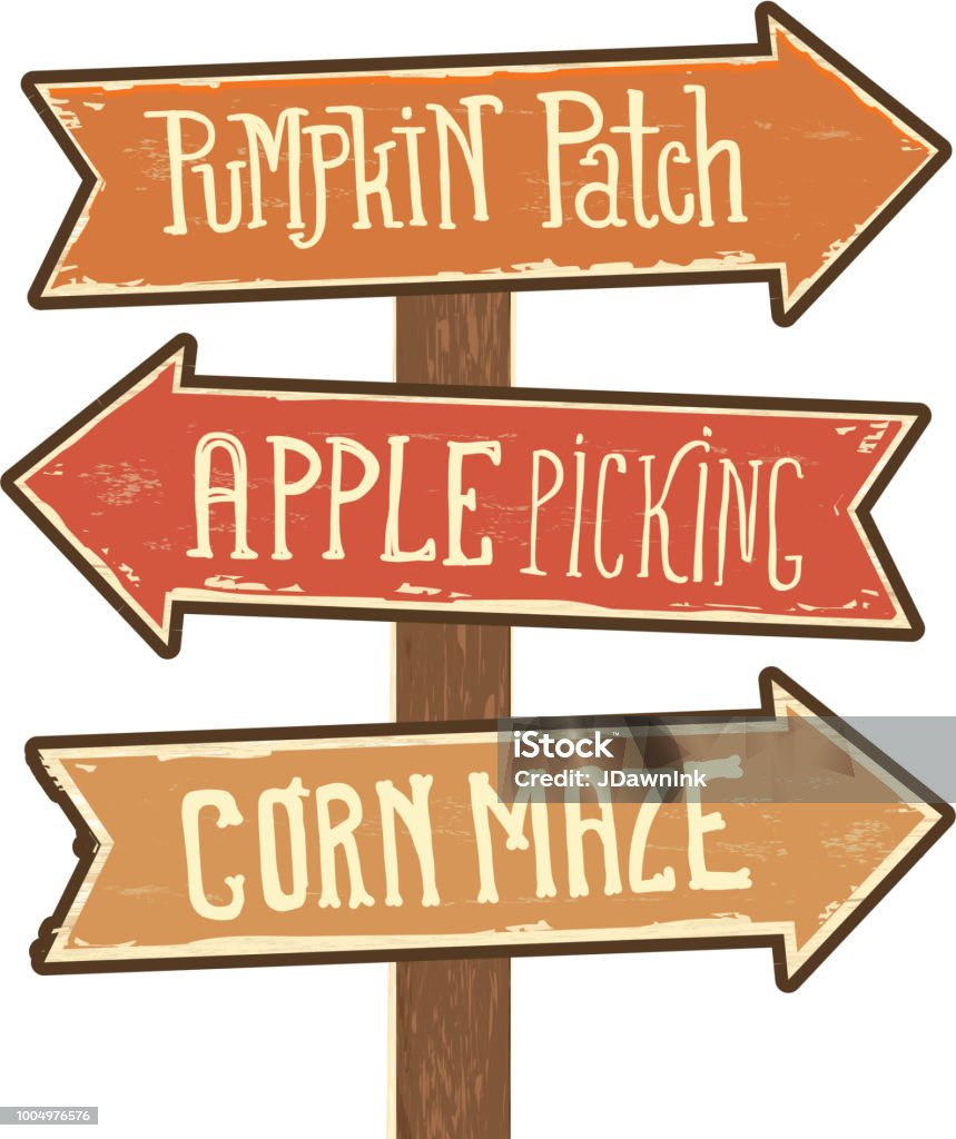 Wooden sign post with arrows pointing to Pumpkin Patch, Apple Picking and Corn Maze Vector illustration of a Wooden sign post with arrows pointing to Pumpkin Patch, Apple Picking and Corn Maze Wood - Material stock vector