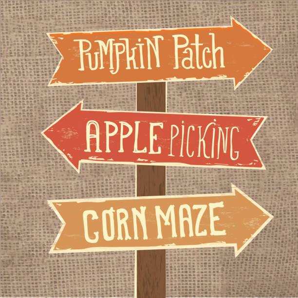 パンプキン パッチ、りんご狩り、とうもろこし畑の迷路を指し示す矢印の付いた木製の看板を投稿します。 - burlap点のイラスト素材／クリップアート素材／マンガ素材／アイコン素材