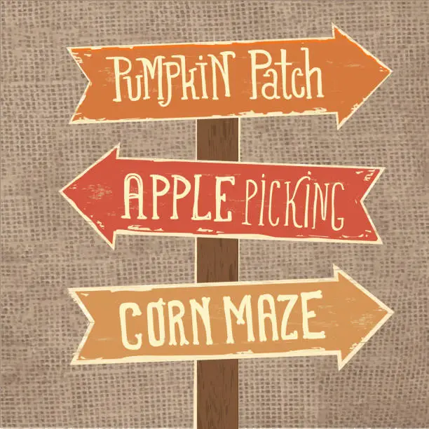 Vector illustration of Wooden sign post with arrows pointing to Pumpkin Patch, Apple Picking and Corn Maze