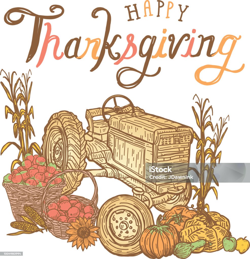 Happy Thanksgiving Tractor with crop harvest greeting design Vector illustration of a Thanksgiving Tractor with crop harvest greeting design. Includes, corn stalks, bushel baskets, pumpkins and all things fall harvest. Apple - Fruit stock vector