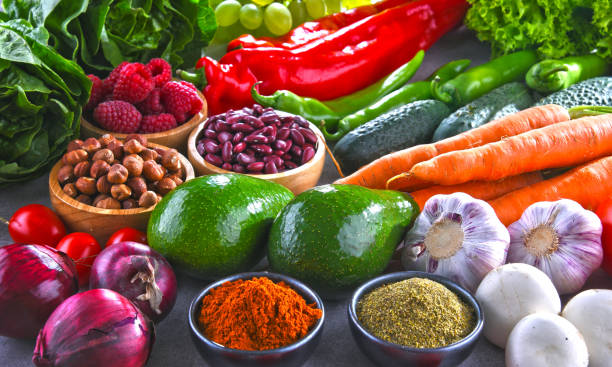 istock Composition with fresh vegetarian grocery products 1004998376