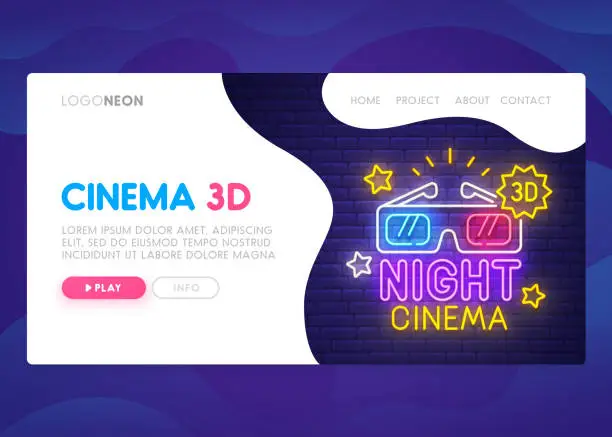 Vector illustration of Landing Page. Mock up website. Home Page. Web banner templates. Social media, business app, seo and marketing. Theme Cinema 3D. Night Cinema. Neon sign style. Vector illustration