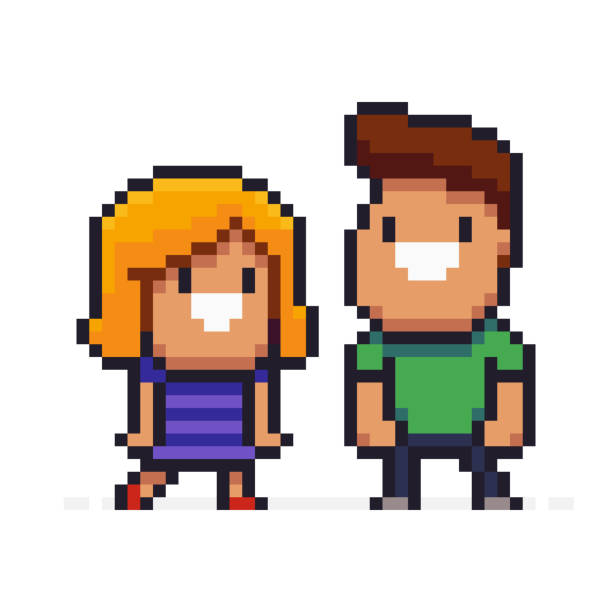 Pixel art couple Pixel art couple, two smiling cheelful characters, female and male pixelated face man stock illustrations
