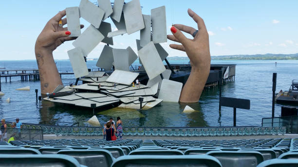 Looking at the floating stage of Carmen, the opera Bregenz, Austria - June 27 ,2018: The floating stage of the Bregenzer Festspiele where the opera Carmen will be performd in the summer. bregenz stock pictures, royalty-free photos & images