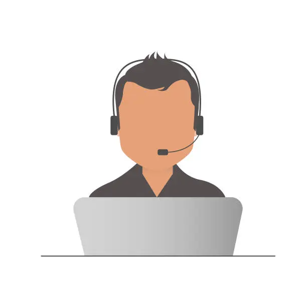Vector illustration of Call center operator with headset, Support Services, Online Support Center, Flat Designed Vector Illustration