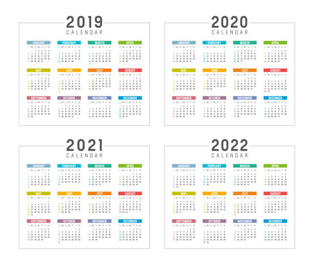 Years 2019 2020 2021 2022 calendars Set of minimalist colorful calendars, years 2019 2020 2021 2022, weeks start Sunday, on white background - Vector templates. 2019 stock illustrations