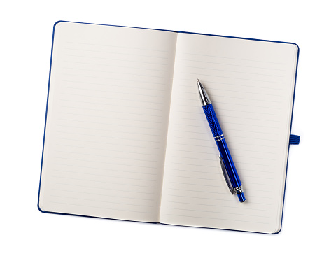 An open blue pad with a pen isolated on a white background