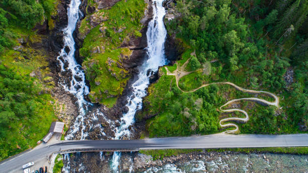 aerial view of latefossen. a waterfall located in the municipality of odda in hordaland county, norway. - bridge norway odda falling imagens e fotografias de stock