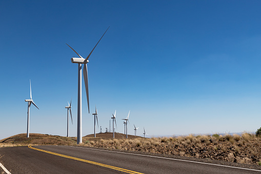 Ellensburg, Washington / USA - 07/12/2018: Wind Turbines at Wild Horse Wind and Solar Engery Center Washington State, 2018