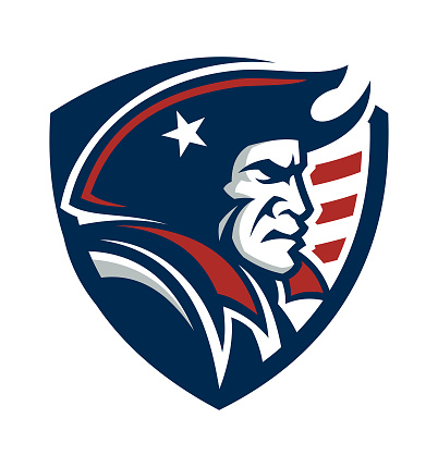 Mascot symbol of Colonial American Patriot or Revolutionary Soldier in hat with star on stylized shield with stripes of US flag