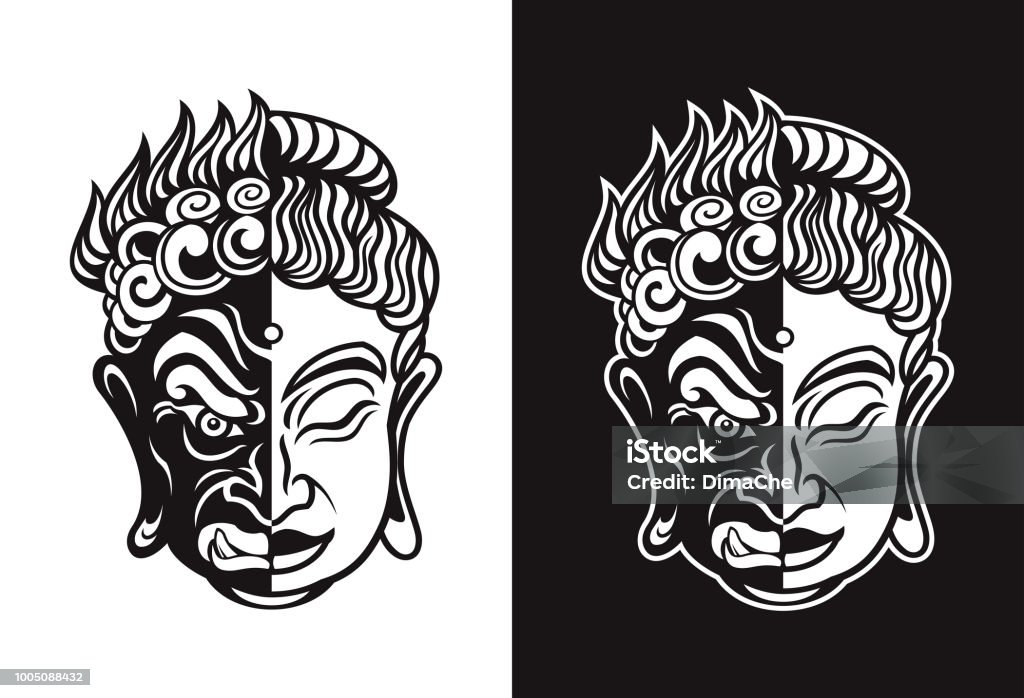 Buddhist Evil Hannya and Calm Buddha Mask Mask icon combining faces of Buddha and Evil Oni Noh Hannya, as the personification of good and evil Buddha stock vector