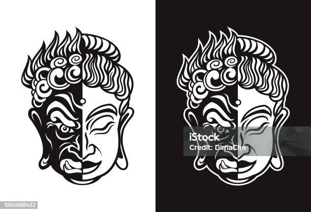 Buddhist Evil Hannya And Calm Buddha Mask Stock Illustration - Download Image Now - Buddha, Half Full, Displeased