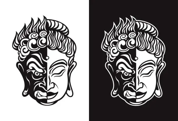 Vector illustration of Buddhist Evil Hannya and Calm Buddha Mask