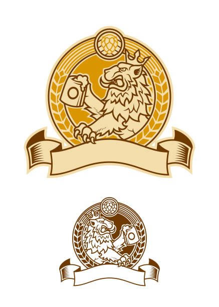 Lion symbol in crown beer emblem Stylized lion in crown with beer mug on emblem with hop and ribbon for your text line ale stock illustrations