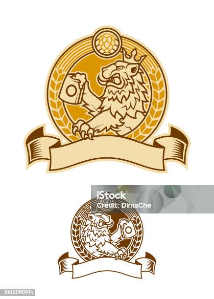 Lion Symbol In Crown Beer Emblem Stock Illustration - Download Image Now - Beer - Alcohol, Logo, Label