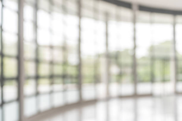 istock Blur background interior view looking out toward to empty office lobby and entrance doors and glass curtain wall 1005124216