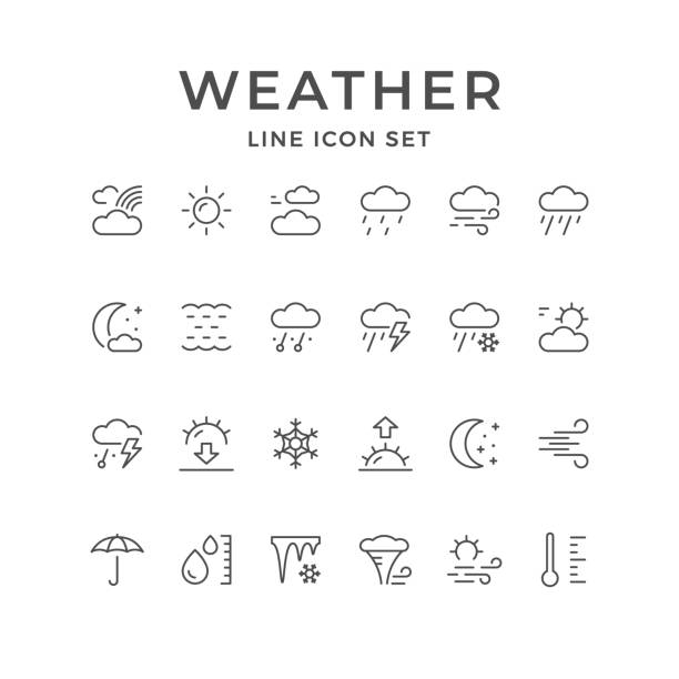 ustawianie ikon linii pogody - weather climate cyclone icon set stock illustrations