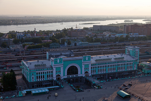 Novosibirsk, Russia - July 20 2018: Novosibirsk Trans-Siberian railway station at sunset from above.