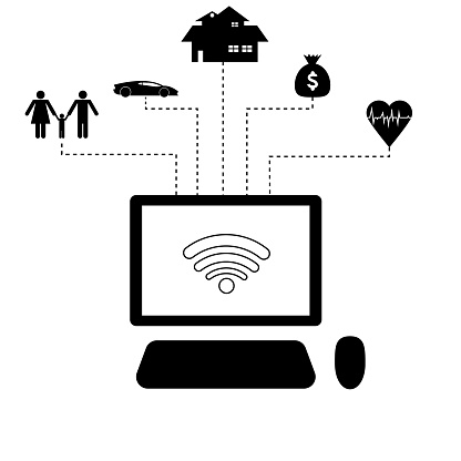 Desktop computer icon with icons of House, Car, Money, Family, Healthy. Graph of Life needs.