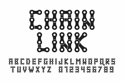 Bike chain font, alphabet letters and numbers vector illustration