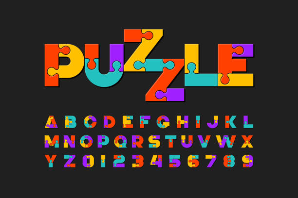 Puzzle font Puzzle font, colorful jigsaw puzzle alphabet letters and numbers jigsaw puzzle stock illustrations
