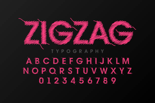 Zigzag font stitched with thread Zigzag font stitched with thread, embroidery font alphabet letters and numbers vector illustration sewing stock illustrations