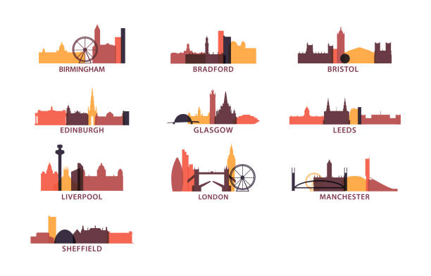UK cities icons set skyline vector pack United Kingdom UK cities icons set, modern skyline citysape landmark vector pack glasgow scotland stock illustrations